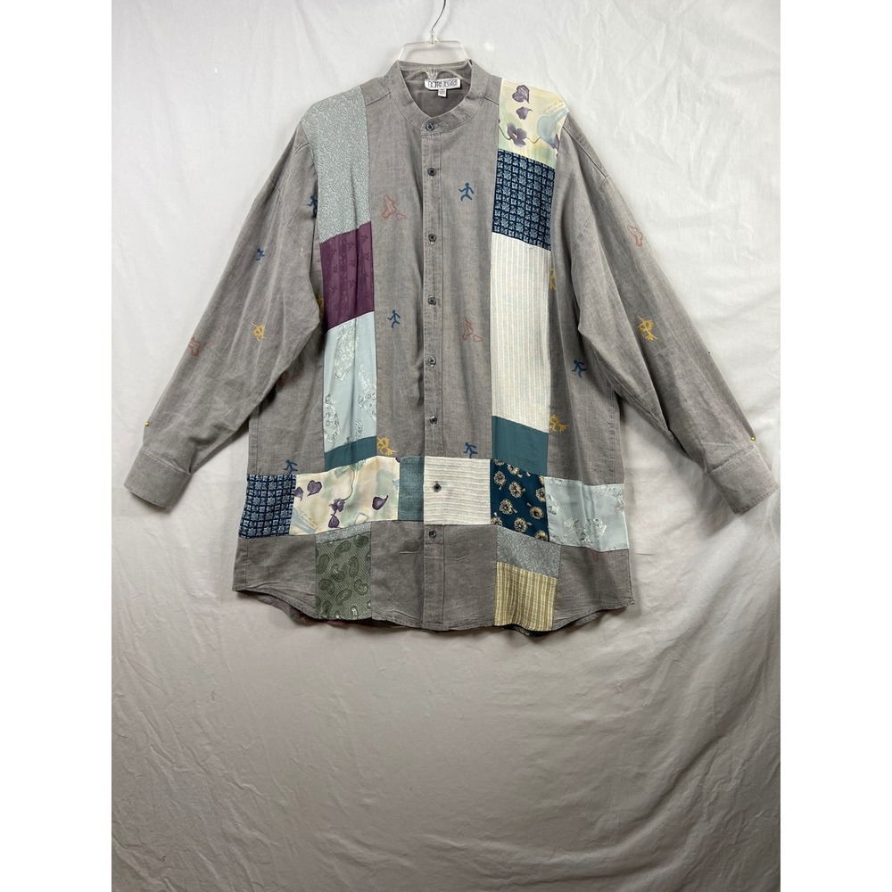 Donna Jessica Patchwork Button Down Shirt Women 16 Grey Mixed Media Artsy